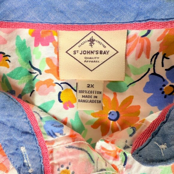 St. Johns Bay Colorful Floral Button Up Shirt Plus 2X 100% Cotton Long Sleeves - Picture 2 of 7